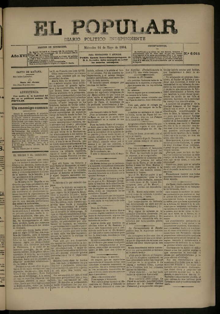 Miniatura de El Popular: diario independiente, político, literario y de noticias de interés general del 14 de mayo de 1884, nº 6015 [sic]