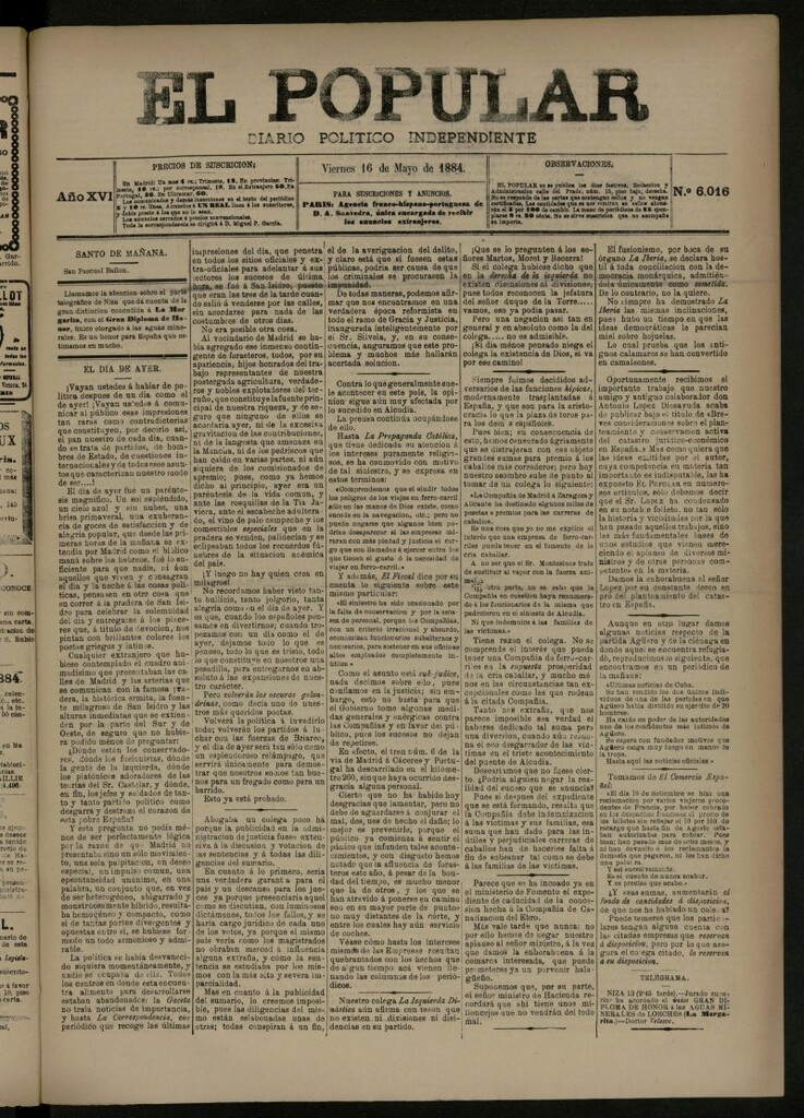 Miniatura de El Popular: diario independiente, político, literario y de noticias de interés general del 16 de mayo de 1884, nº 6016