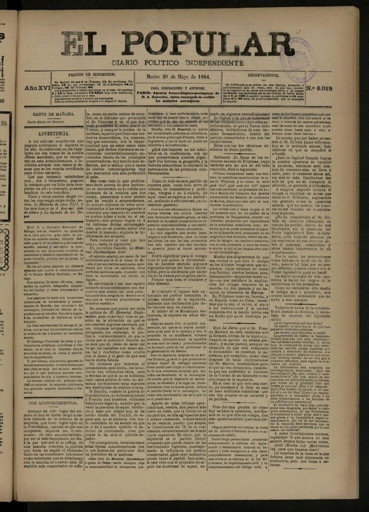 Miniatura de El Popular: diario independiente, político, literario y de noticias de interés general del 20 de mayo de 1884, nº 6019