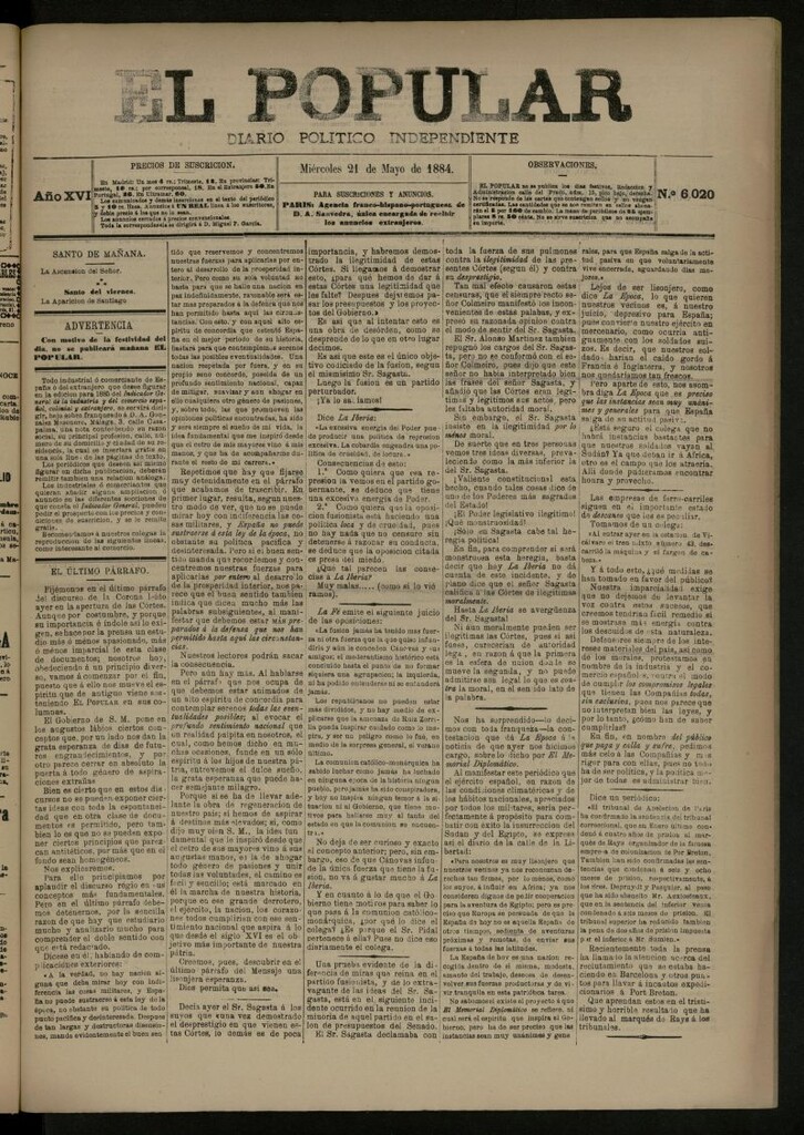 Miniatura de El Popular: diario independiente, político, literario y de noticias de interés general del 21 de mayo de 1884, nº 6020