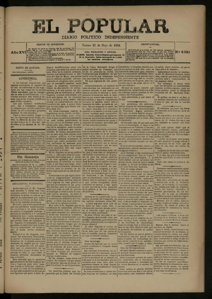 Miniatura de El Popular: diario independiente, político, literario y de noticias de interés general del 23 de mayo de 1884, nº 6021