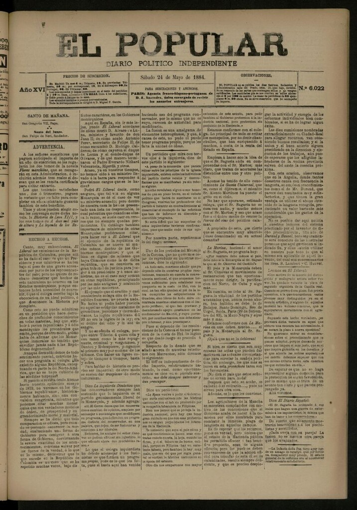 Miniatura de El Popular: diario independiente, político, literario y de noticias de interés general del 24 de mayo de 1884, nº 6022