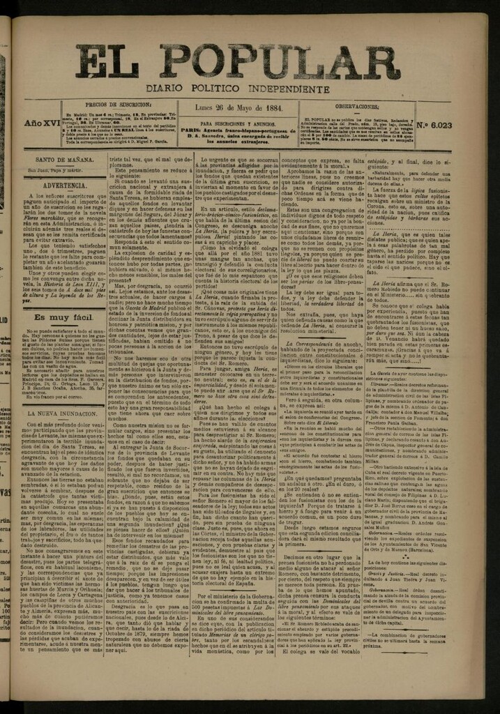 Miniatura de El Popular: diario independiente, político, literario y de noticias de interés general del 26 de mayo de 1884, nº 6023