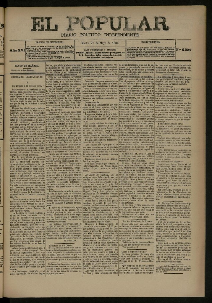 Miniatura de El Popular: diario independiente, político, literario y de noticias de interés general del 27 de mayo de 1884, nº 6024