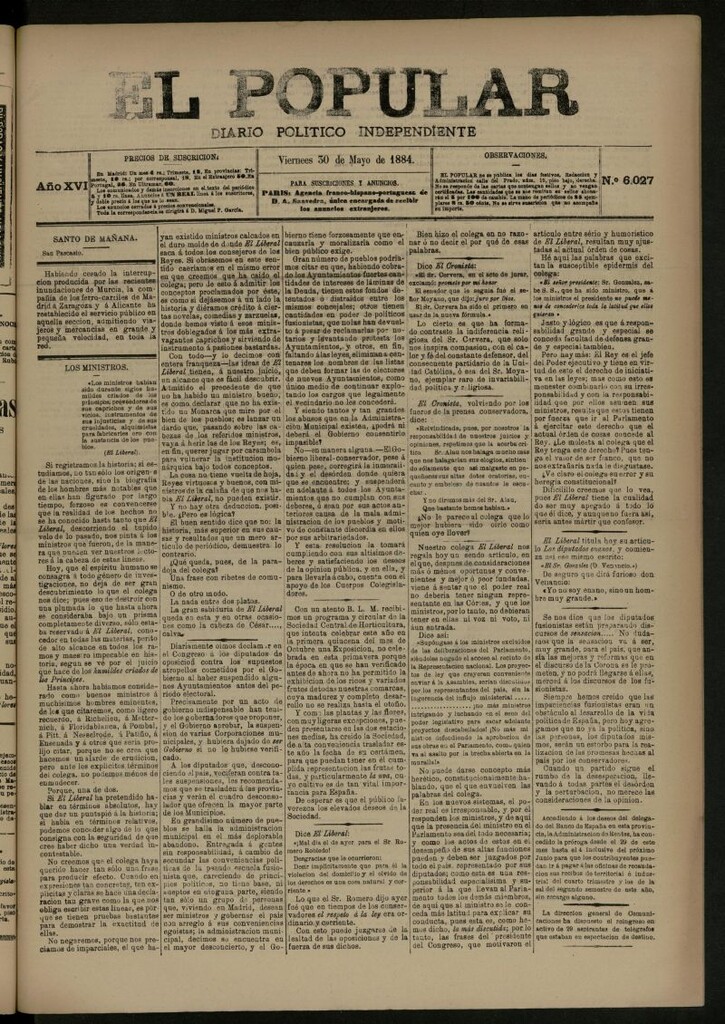 Miniatura de El Popular: diario independiente, político, literario y de noticias de interés general del 30 de mayo de 1884, nº 6027
