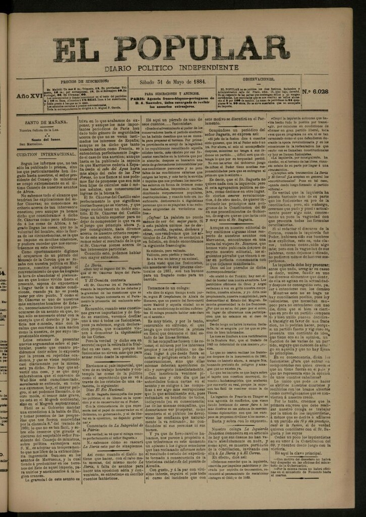 Miniatura de El Popular: diario independiente, político, literario y de noticias de interés general del 31 de mayo de 1884, nº 6028