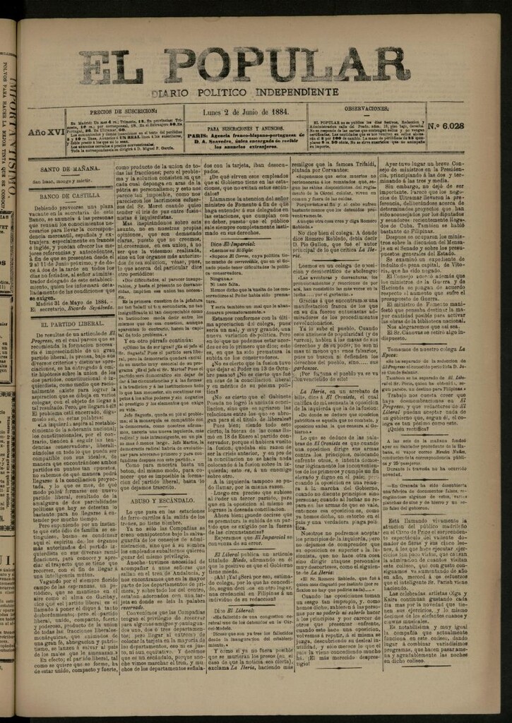 Miniatura de El Popular: diario independiente, político, literario y de noticias de interés general del 2 de junio de 1884, nº 6028