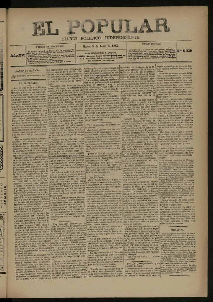 Miniatura de El Popular: diario independiente, político, literario y de noticias de interés general del 3 de junio de 1884, nº 6029