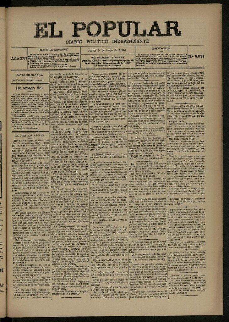 Miniatura de El Popular: diario independiente, político, literario y de noticias de interés general del 5 de junio de 1884, nº 6031