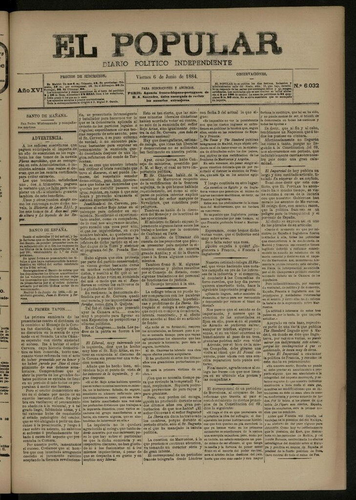 Miniatura de El Popular: diario independiente, político, literario y de noticias de interés general del 6 de junio de 1884, nº 6032