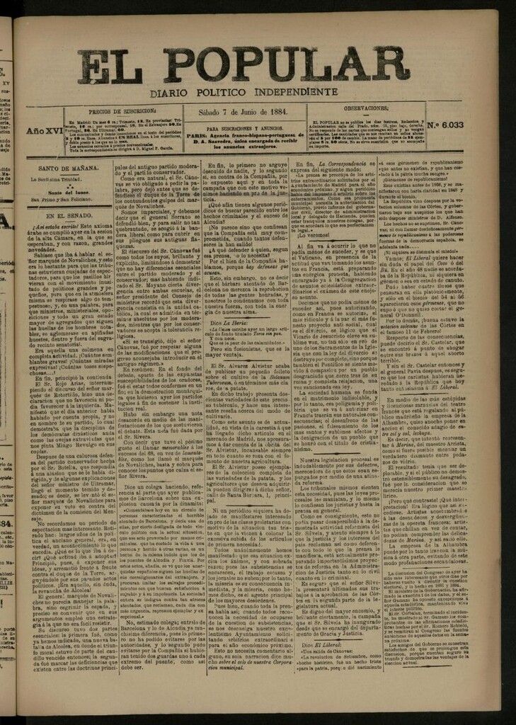Miniatura de El Popular: diario independiente, político, literario y de noticias de interés general del 7 de junio de 1884, nº 6033