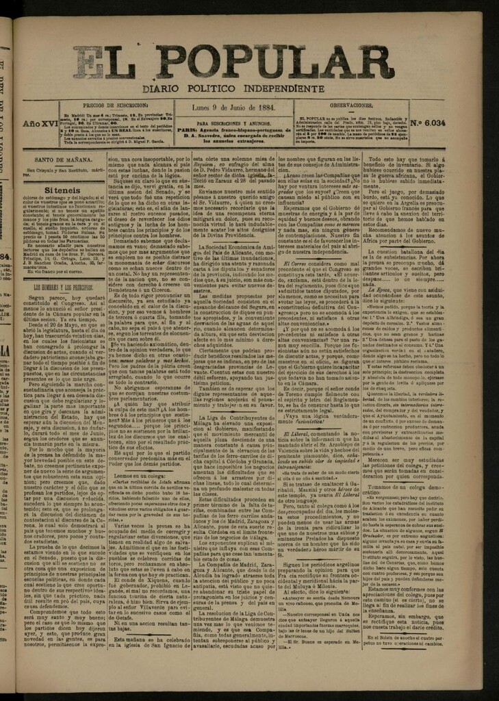 Miniatura de El Popular: diario independiente, político, literario y de noticias de interés general del 9 de junio de 1884, nº 6034