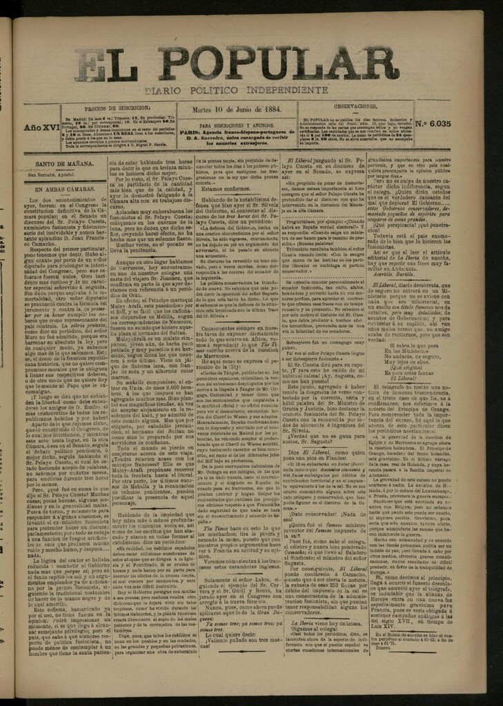Miniatura de El Popular: diario independiente, político, literario y de noticias de interés general del 10 de junio de 1884, nº 6035