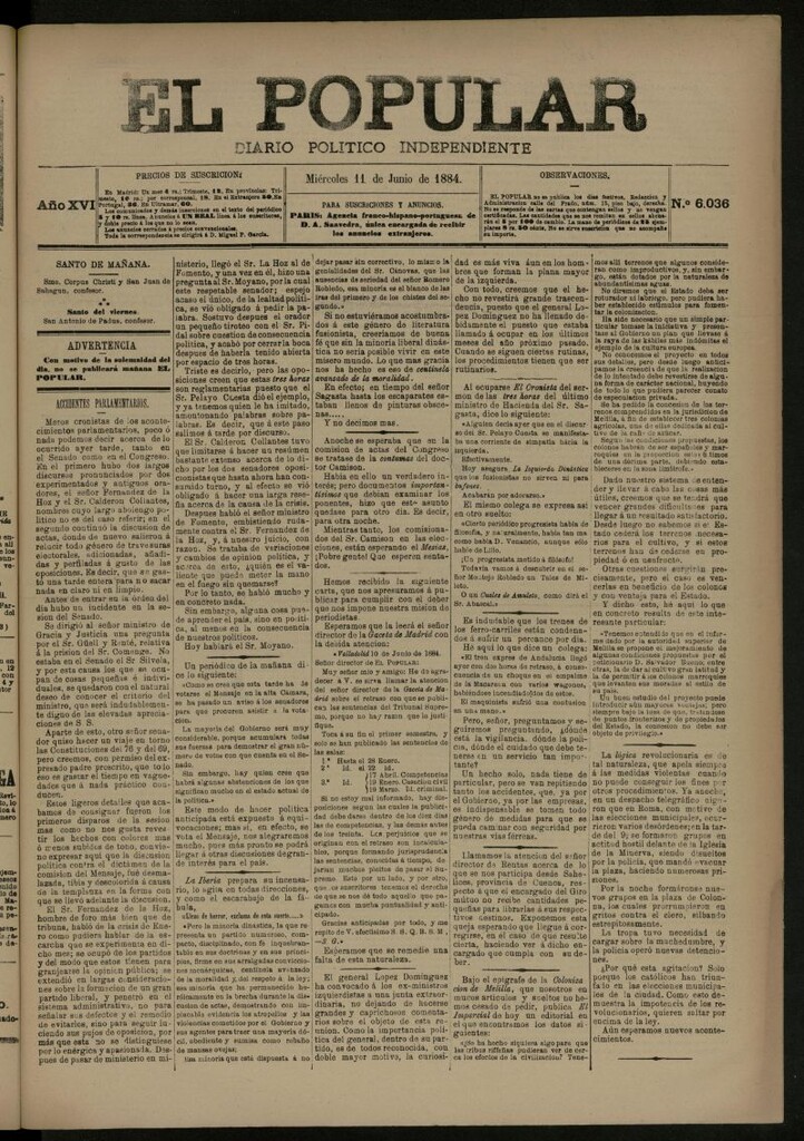 Miniatura de El Popular: diario independiente, político, literario y de noticias de interés general del 11 de junio de 1884, nº 6036