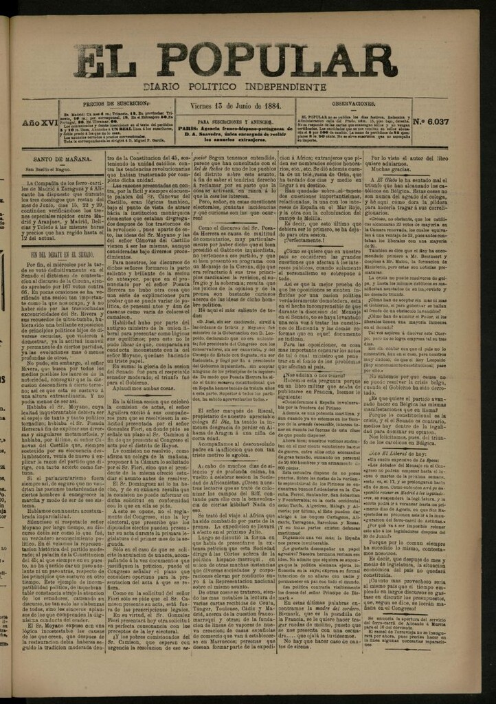 Miniatura de El Popular: diario independiente, político, literario y de noticias de interés general del 13 de junio de 1884, nº 6037