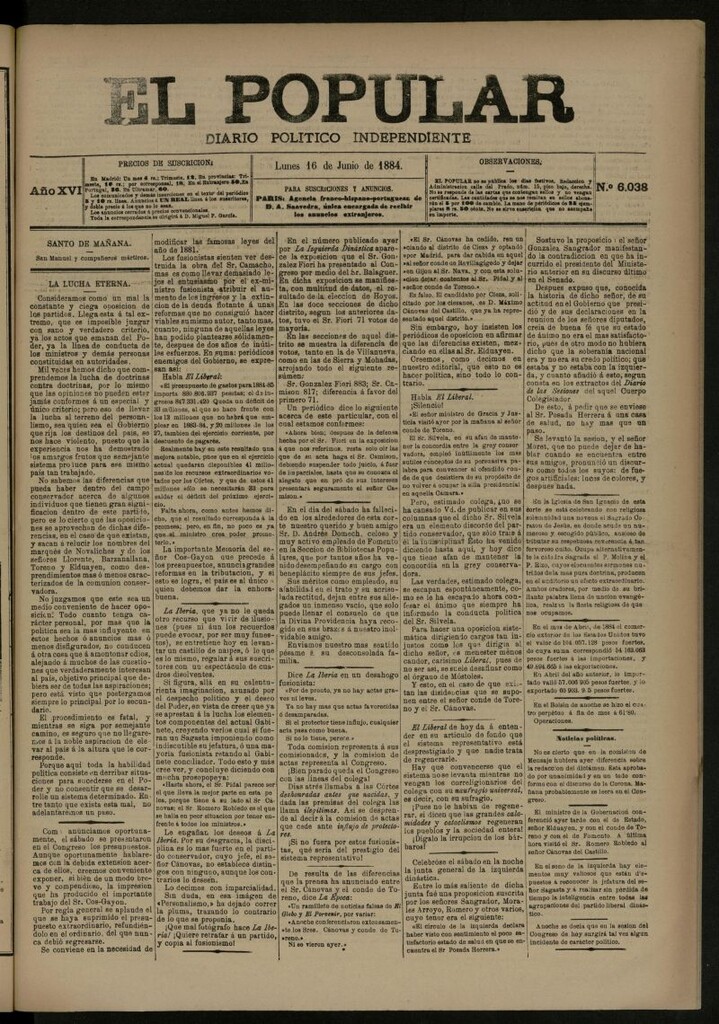 Miniatura de El Popular: diario independiente, político, literario y de noticias de interés general del 16 de junio de 1884, nº 6038
