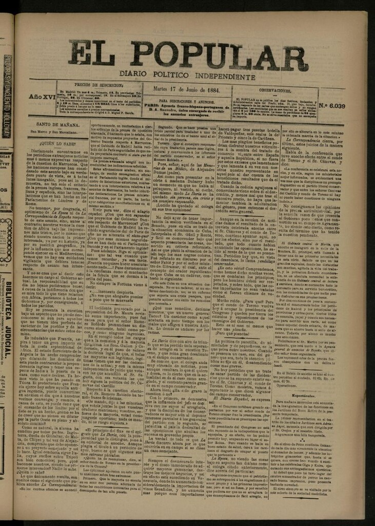 Miniatura de El Popular: diario independiente, político, literario y de noticias de interés general del 17 de junio de 1884, nº 6039