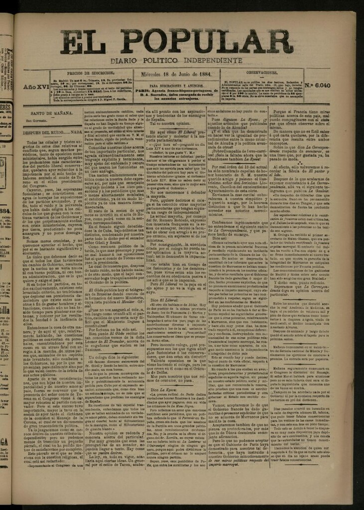 Miniatura de El Popular: diario independiente, político, literario y de noticias de interés general del 18 de junio de 1884, nº 6040