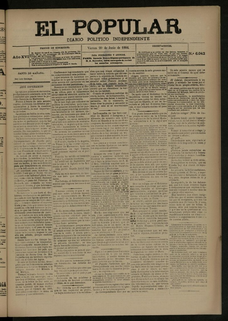 Miniatura de El Popular: diario independiente, político, literario y de noticias de interés general del 20 de junio de 1884, nº 6042