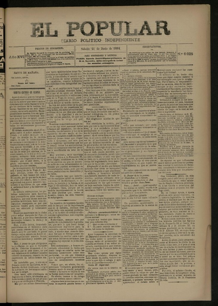 Miniatura de El Popular: diario independiente, político, literario y de noticias de interés general del 21 de junio de 1884, nº 6025 [sic]