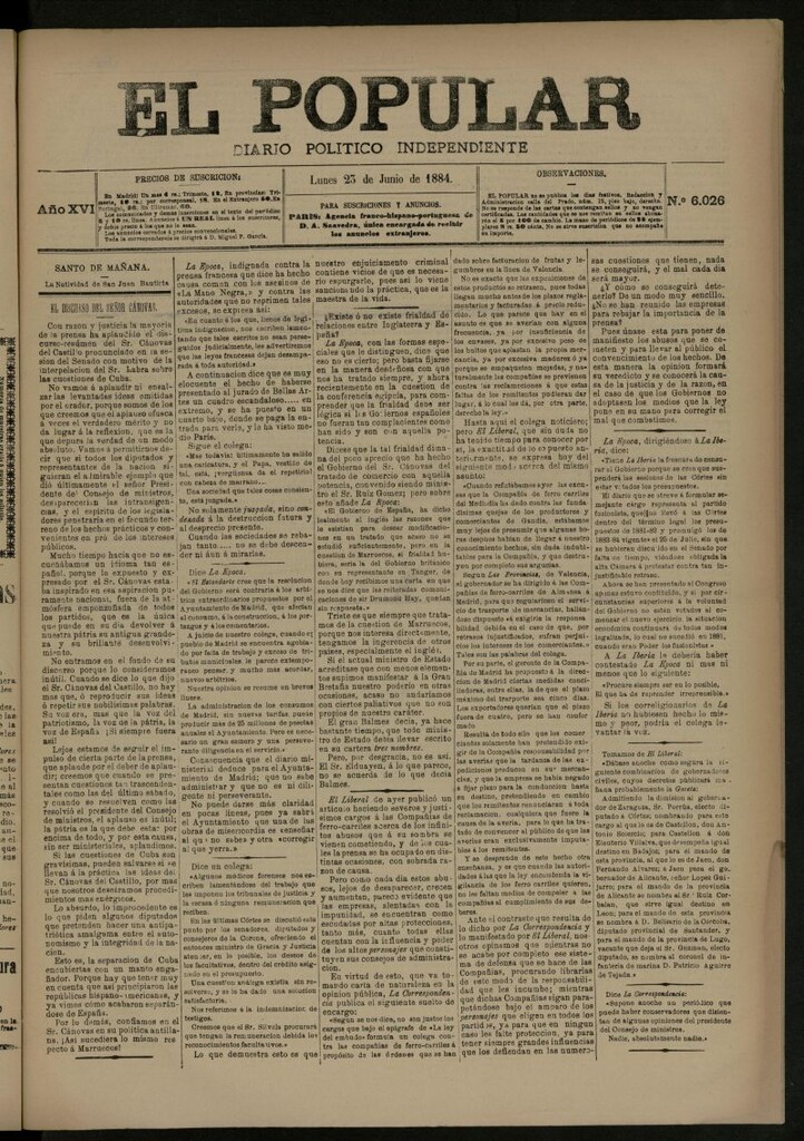 Miniatura de El Popular: diario independiente, político, literario y de noticias de interés general del 23 de junio de 1884, nº 6026