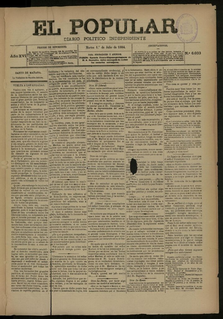Miniatura de El Popular: diario independiente, político, literario y de noticias de interés general del 1 de julio de 1884, nº 6033