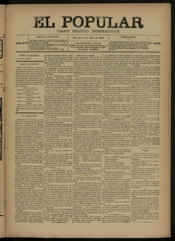 Miniatura de El Popular: diario independiente, político, literario y de noticias de interés general del 2 de julio de 1884, nº 6034