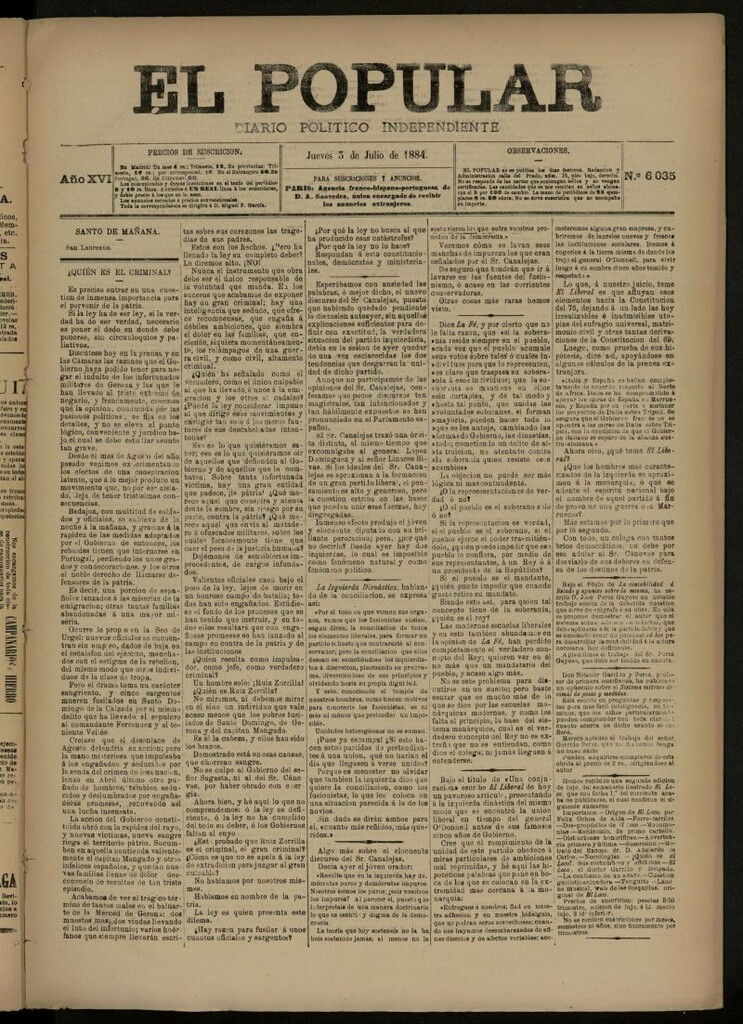 Miniatura de El Popular: diario independiente, político, literario y de noticias de interés general del 3 de julio de 1884, nº 6035