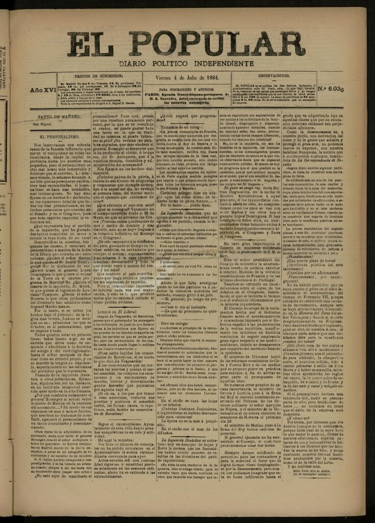 Miniatura de El Popular: diario independiente, político, literario y de noticias de interés general del 4 de julio de 1884, nº 6036