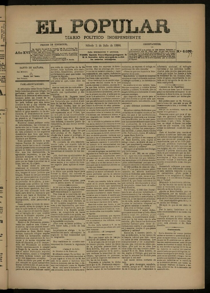 Miniatura de El Popular: diario independiente, político, literario y de noticias de interés general del 5 de julio de 1884, nº 6037