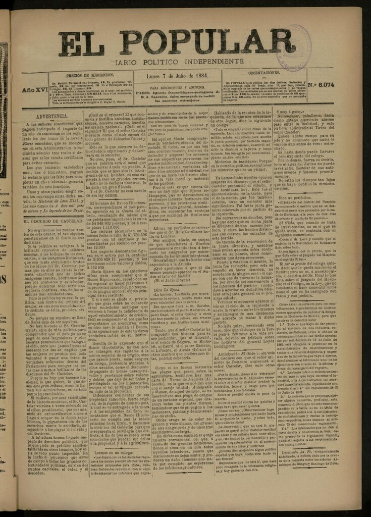 Miniatura de El Popular: diario independiente, político, literario y de noticias de interés general del 7 de julio de 1884, nº 6074 [sic]