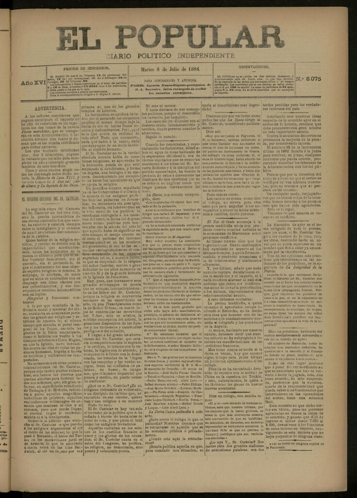 Miniatura de El Popular: diario independiente, político, literario y de noticias de interés general del 8 de julio de 1884, nº 6075