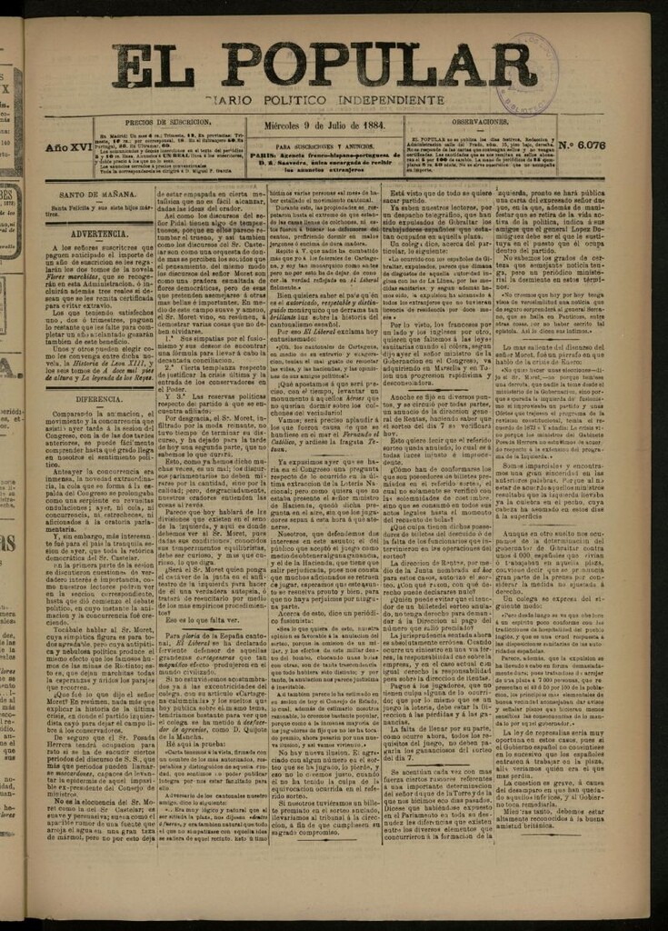 Miniatura de El Popular: diario independiente, político, literario y de noticias de interés general del 9 de julio de 1884, nº 6076