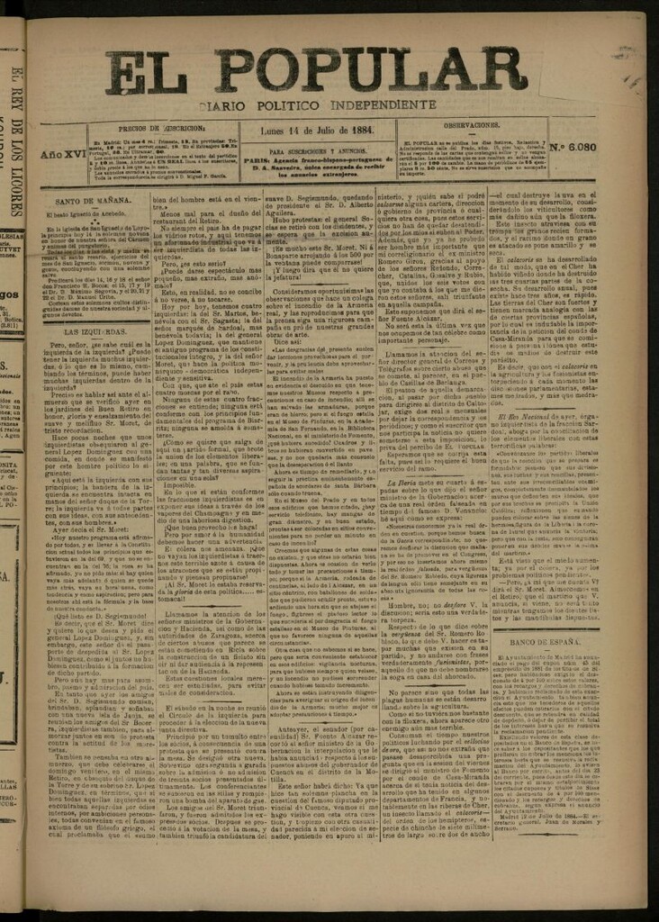 Miniatura de El Popular: diario independiente, político, literario y de noticias de interés general del 14 de julio de 1884, nº 6080