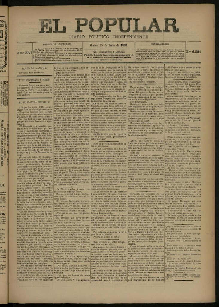 Miniatura de El Popular: diario independiente, político, literario y de noticias de interés general del 15 de julio de 1884, nº 6081