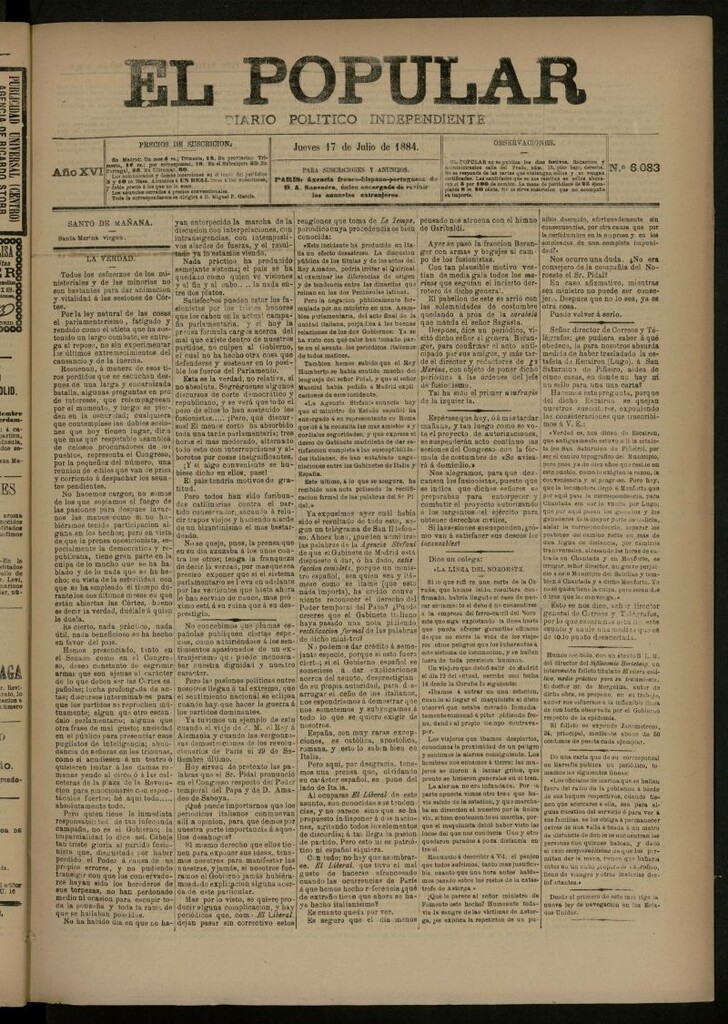 Miniatura de El Popular: diario independiente, político, literario y de noticias de interés general del 17 de julio de 1884, nº 6083
