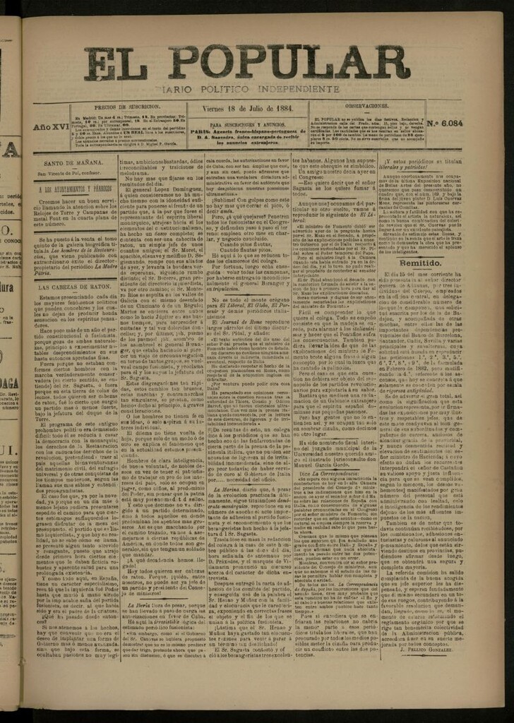 Miniatura de El Popular: diario independiente, político, literario y de noticias de interés general del 18 de julio de 1884, nº 6084