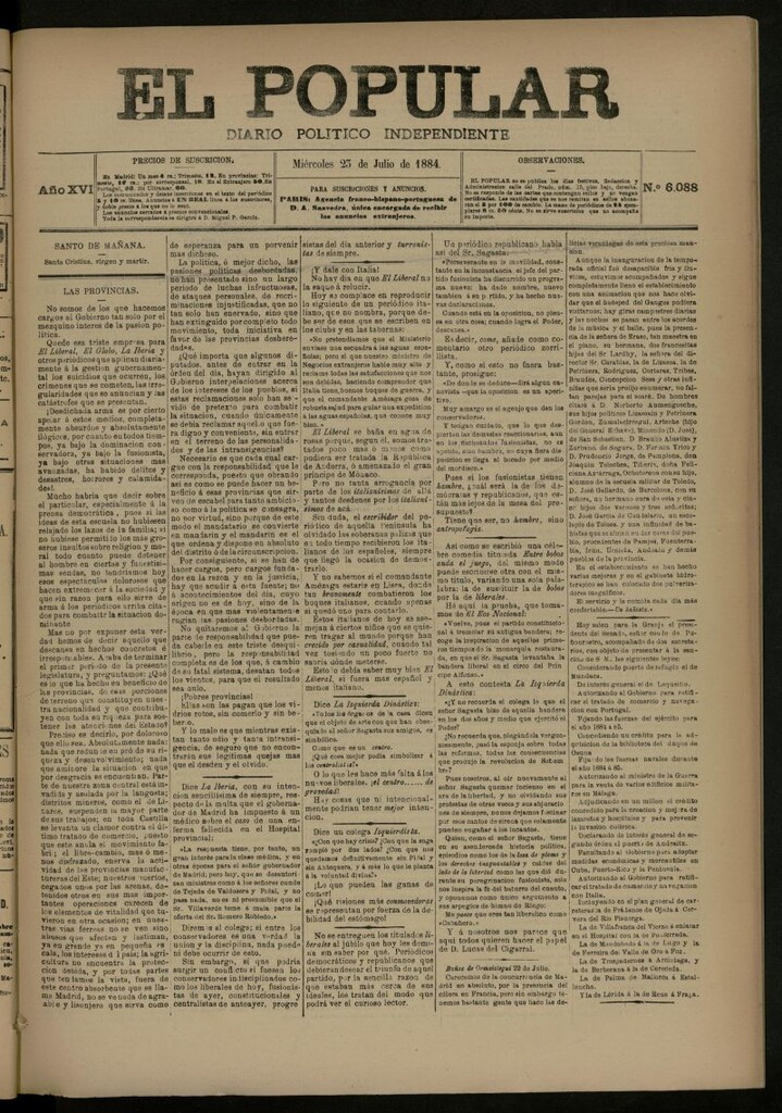 Miniatura de El Popular: diario independiente, político, literario y de noticias de interés general del 23 de julio de 1884, nº 6088