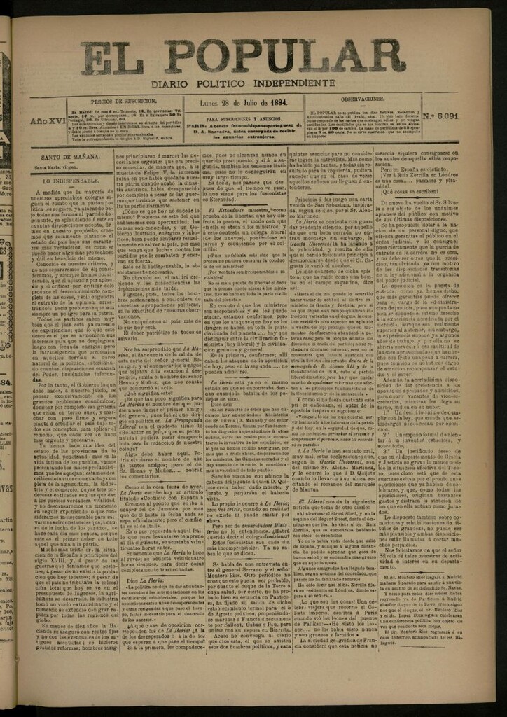 Miniatura de El Popular: diario independiente, político, literario y de noticias de interés general del 28 de julio de 1884, nº 6091