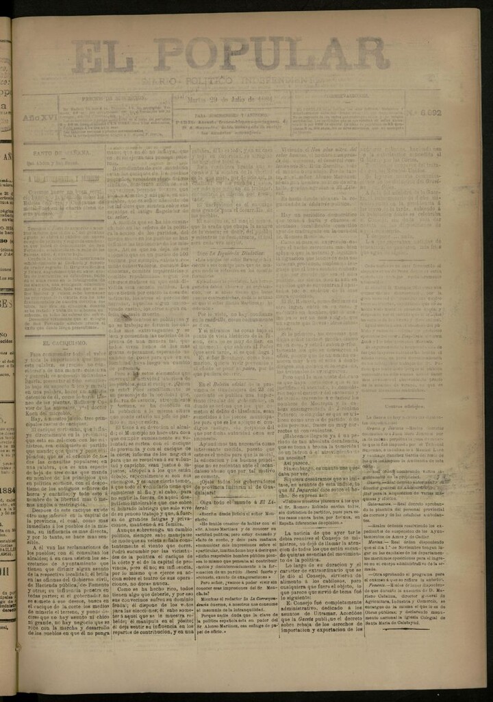 Miniatura de El Popular: diario independiente, político, literario y de noticias de interés general del 29 de julio de 1884, nº 6092