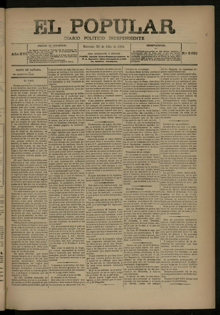 Miniatura de El Popular: diario independiente, político, literario y de noticias de interés general del 30 de julio de 1884, nº 6093