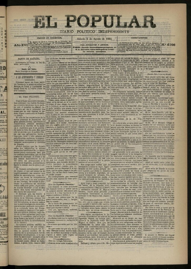 Miniatura de El Popular: diario independiente, político, literario y de noticias de interés general del 2 de agosto de 1884, nº 6096