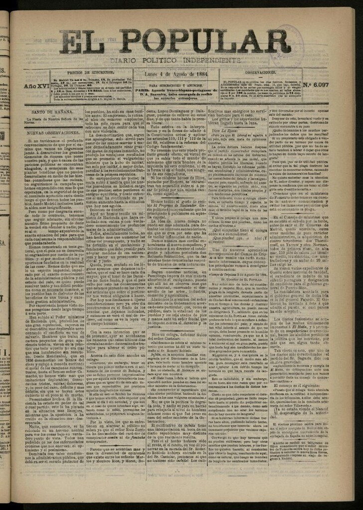 Miniatura de El Popular: diario independiente, político, literario y de noticias de interés general del 4 de agosto de 1884, nº 6097