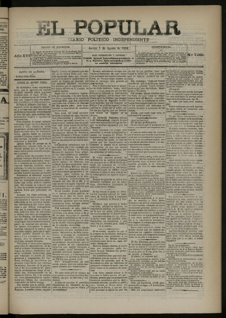 Miniatura de El Popular: diario independiente, político, literario y de noticias de interés general del 7 de agosto de 1884, nº 7000 [sic]