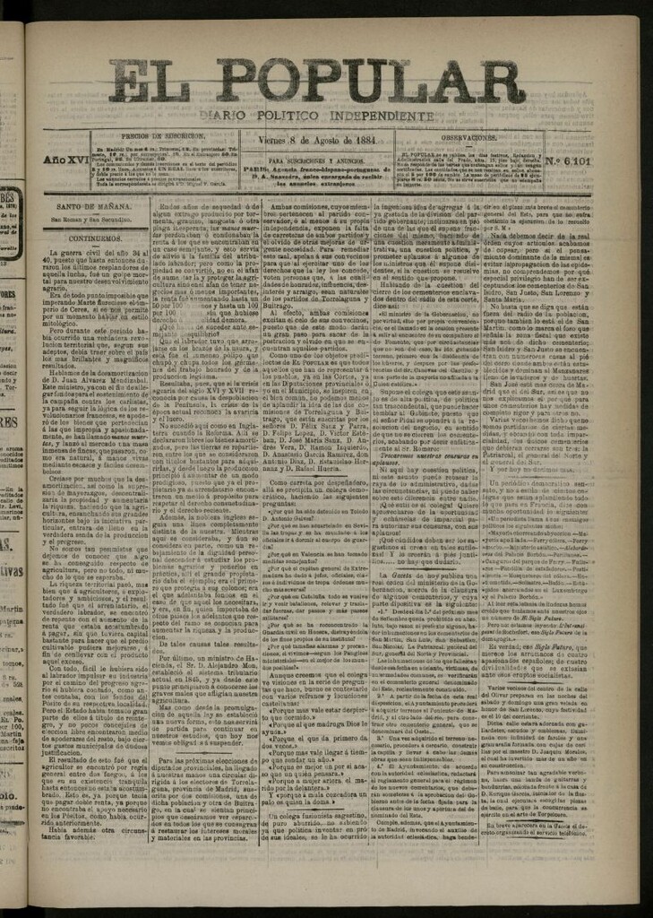 Miniatura de El Popular: diario independiente, político, literario y de noticias de interés general del 8 de agosto de 1884, nº 6101