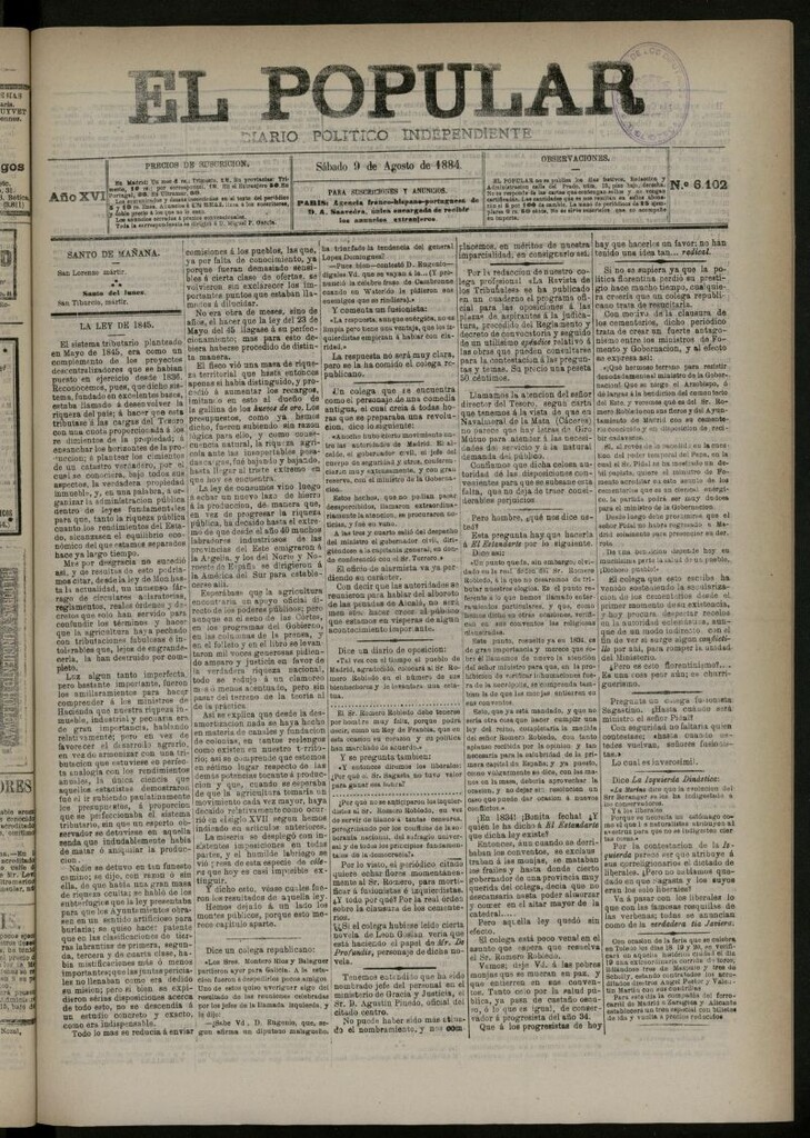 Miniatura de El Popular: diario independiente, político, literario y de noticias de interés general del 9 de agosto de 1884, nº 6102