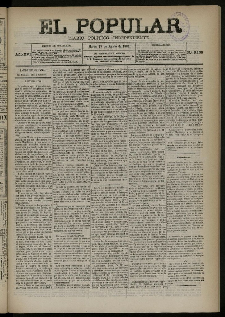 Miniatura de El Popular: diario independiente, político, literario y de noticias de interés general del 19 de agosto de 1884, nº 6109