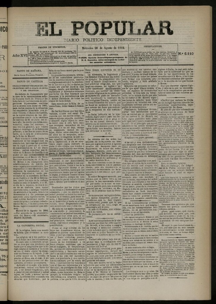 Miniatura de El Popular: diario independiente, político, literario y de noticias de interés general del 20 de agosto de 1884, nº 6110