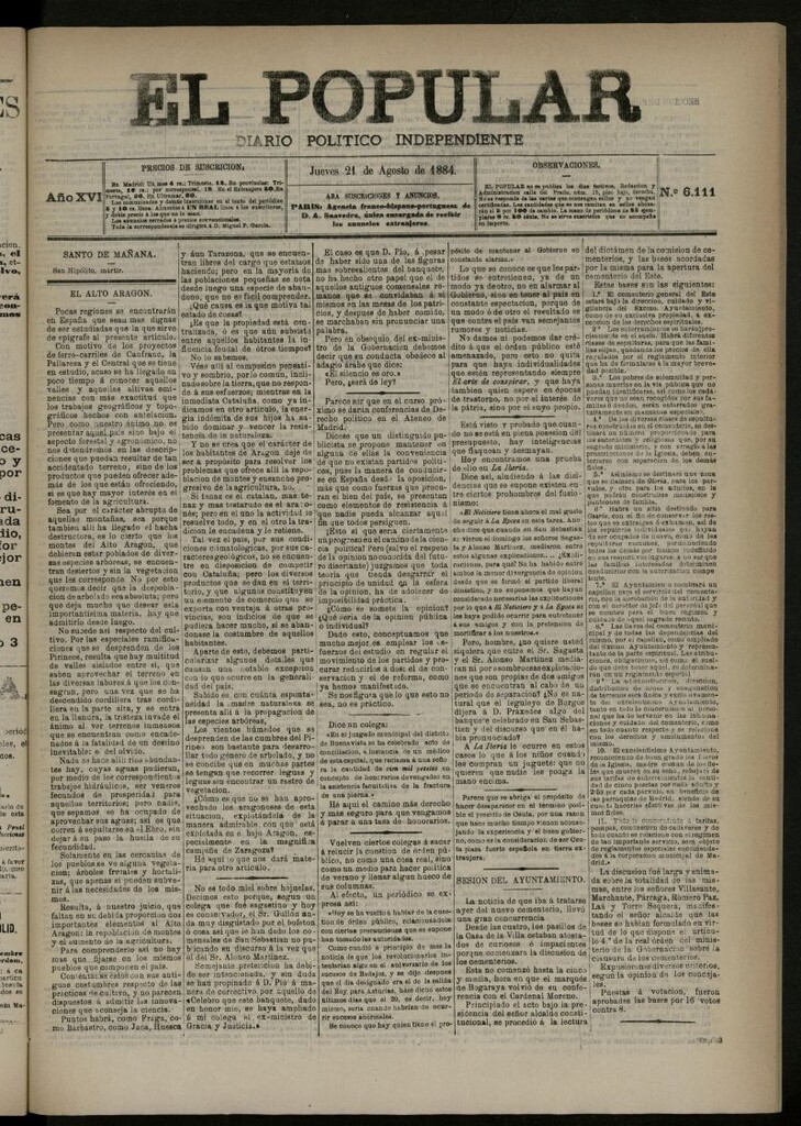 Miniatura de El Popular: diario independiente, político, literario y de noticias de interés general del 21 de agosto de 1884, nº 6111