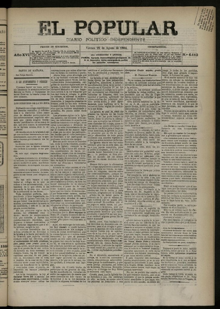 Miniatura de El Popular: diario independiente, político, literario y de noticias de interés general del 22 de agosto de 1884, nº 6112